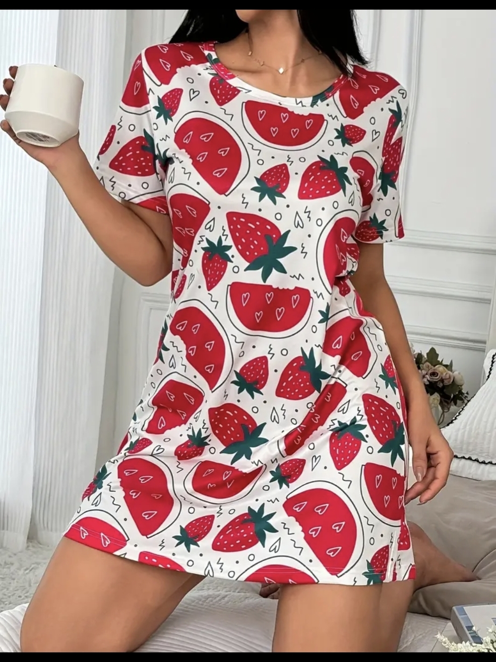 White Strawberry & Watermelon Print Short Sleeve Dress